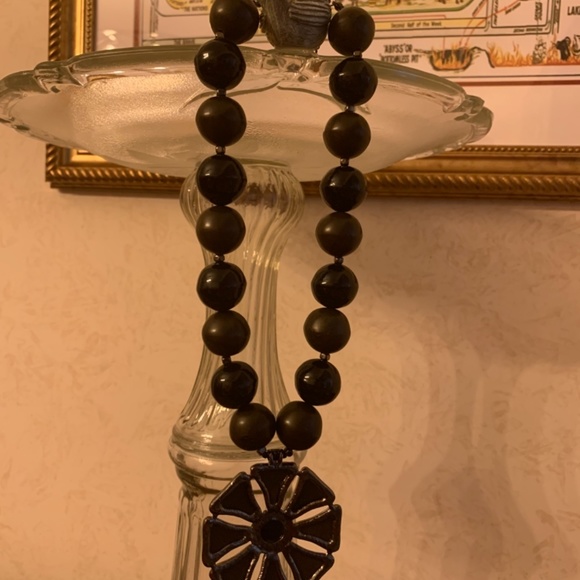 Black and Olive Large Beaded Necklace with Large Medallion - Picture 6 of 6